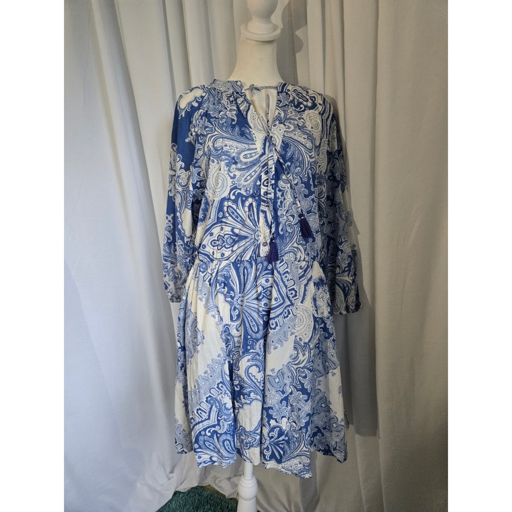 Miami for Francescas Blue Paisley Cotton Mini Dress XL Boho Tassel ND22010-I